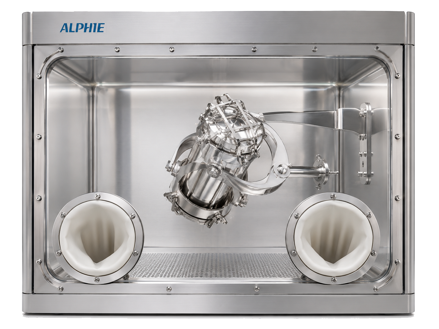 Hexagon Product Development Alphie Production Powder Blender for blending powders in closed containers, shown integrated into a glovebox enclosure