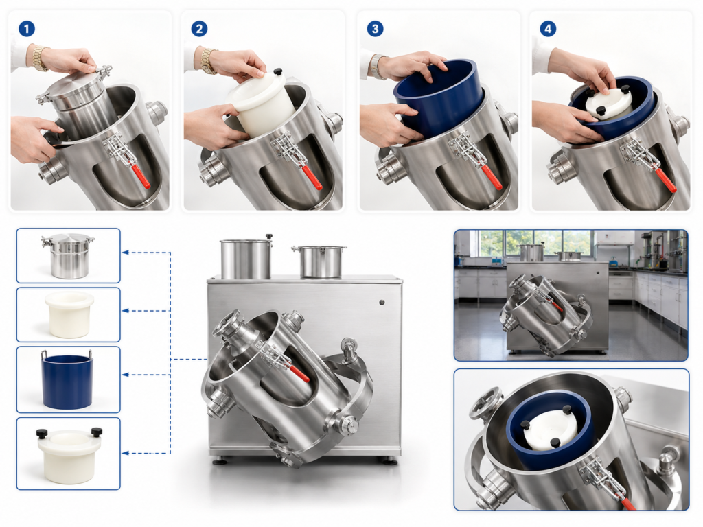 Alphie nested mixing containers and interchangeable adapter inserts