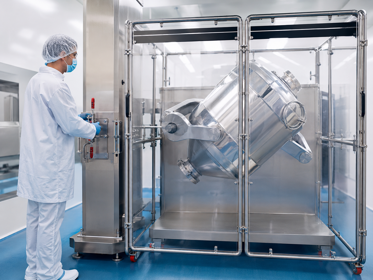 Hexagon Product Development Alphie Production Powder Blender for blending powders in closed containers, shown beside an operator in a cleanroom gown
