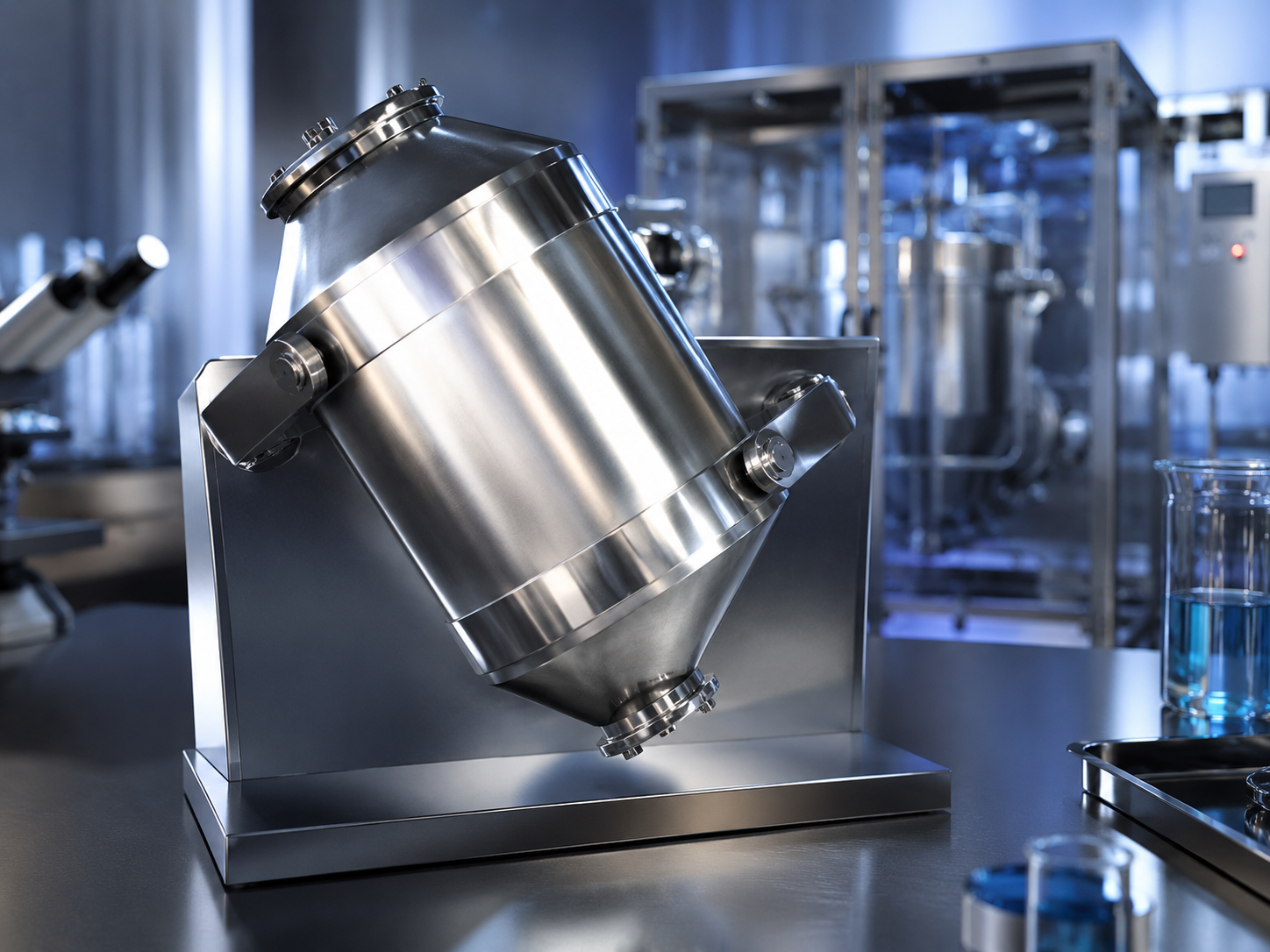 Hexagon Product Development Alphie Production Powder Blender for blending powders in closed containers, stainless steel configuration in a processing plant