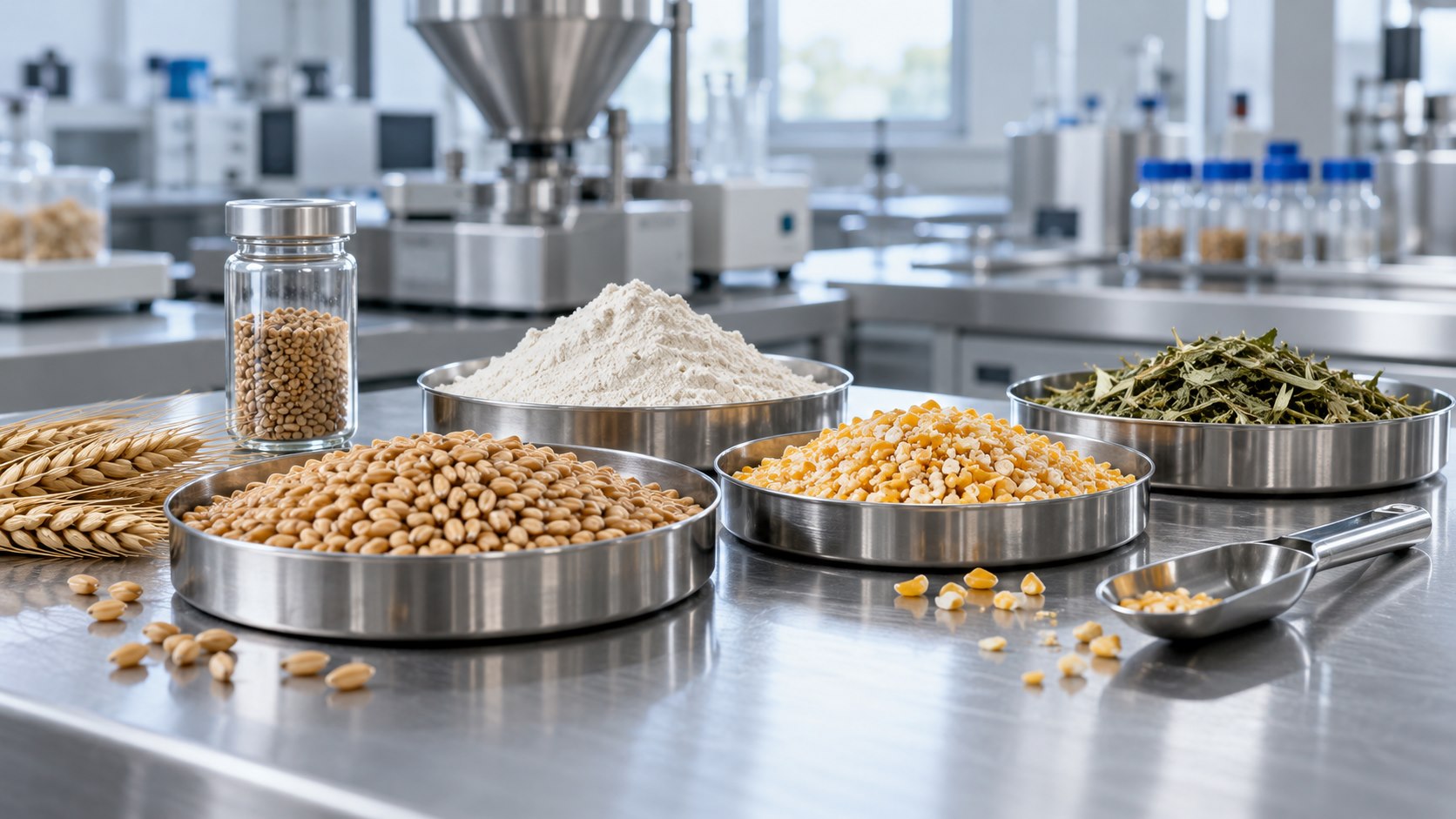 Wheat, flour, corn and dried plant samples in stainless laboratory dishes