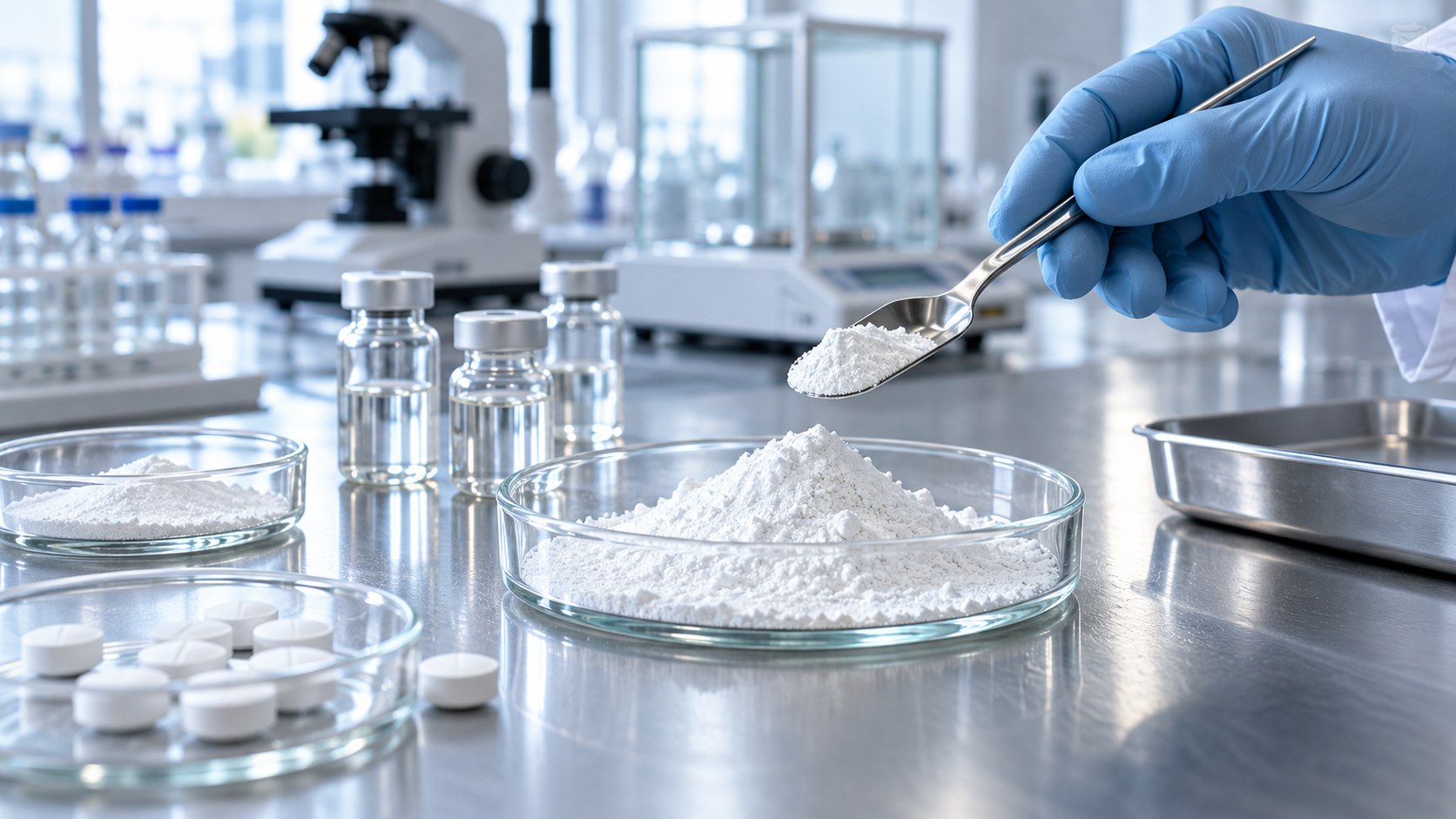 White formulation powder, tablets and sample vials on a pharmaceutical laboratory bench