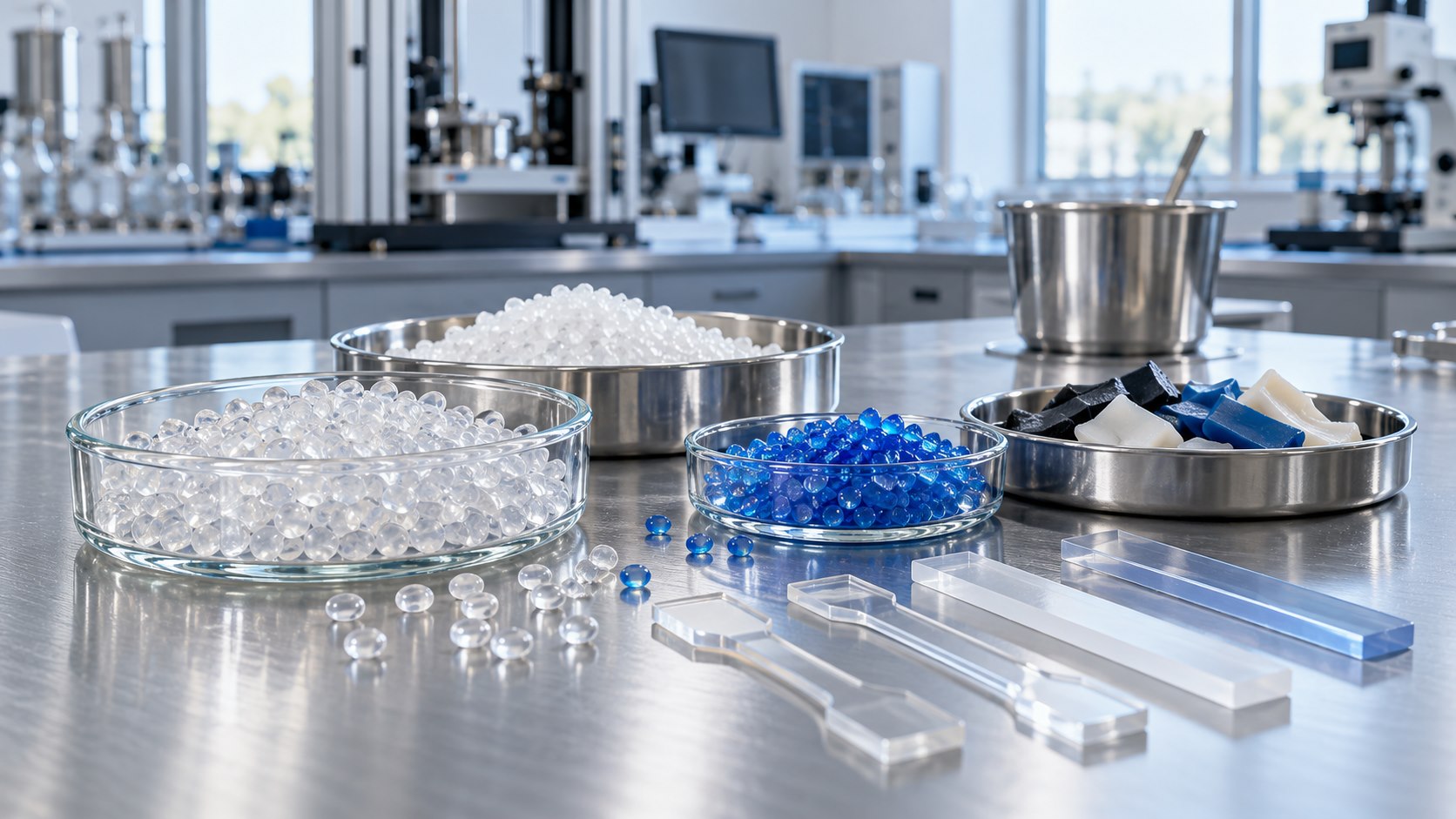 Polymer pellets, resin granules and molded sample strips on a laboratory bench