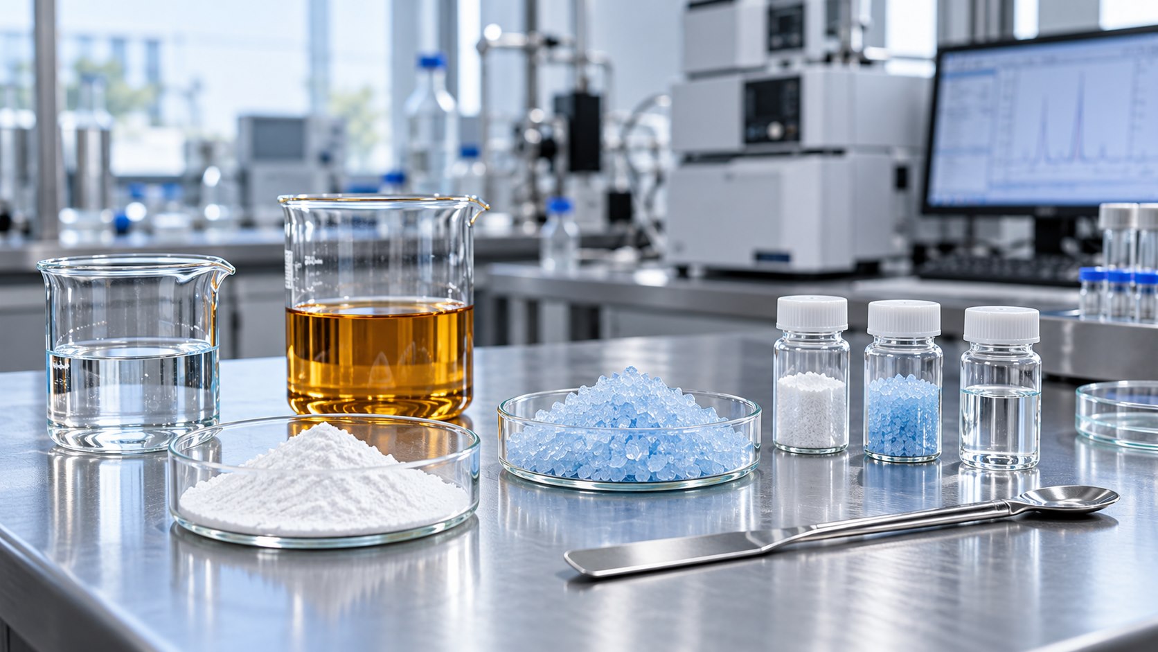 Powders, crystals and liquid samples in an analytical chemistry laboratory