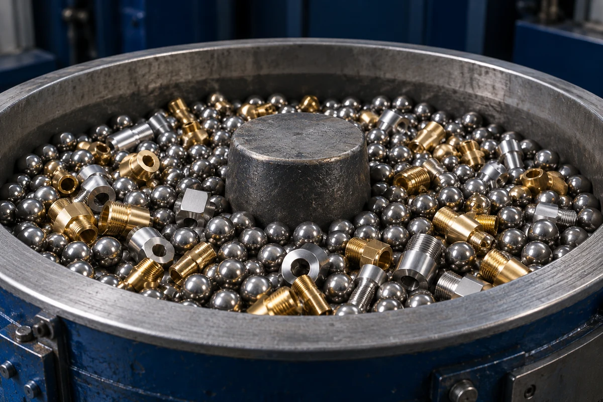 Conceptual vibratory finishing bowl containing ball media and machined fittings