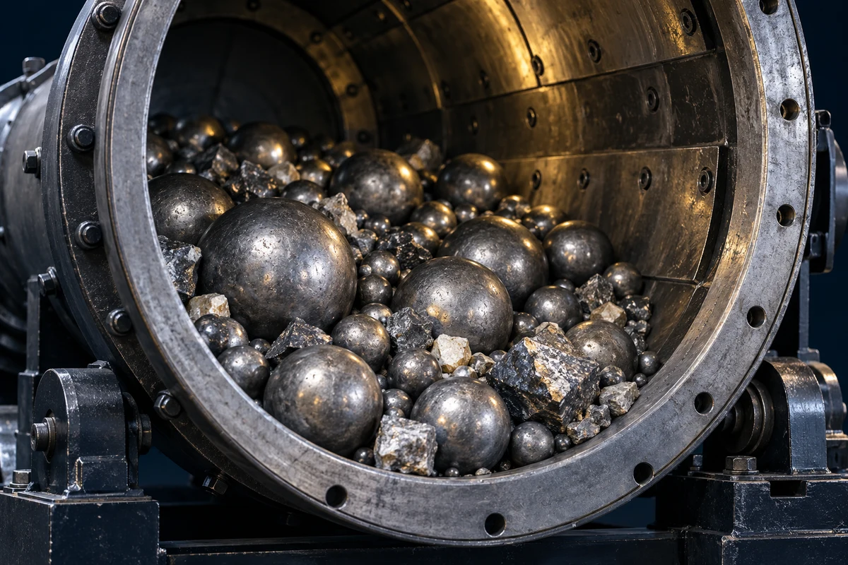 Conceptual grinding drum containing steel balls and mineral fragments