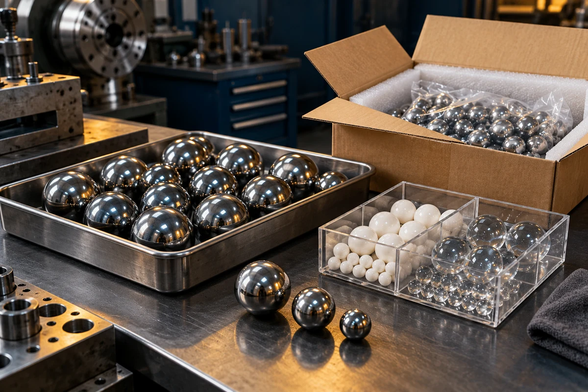 Conceptual industrial ball supply workstation with steel, ceramic and glass balls in trays and protective packaging
