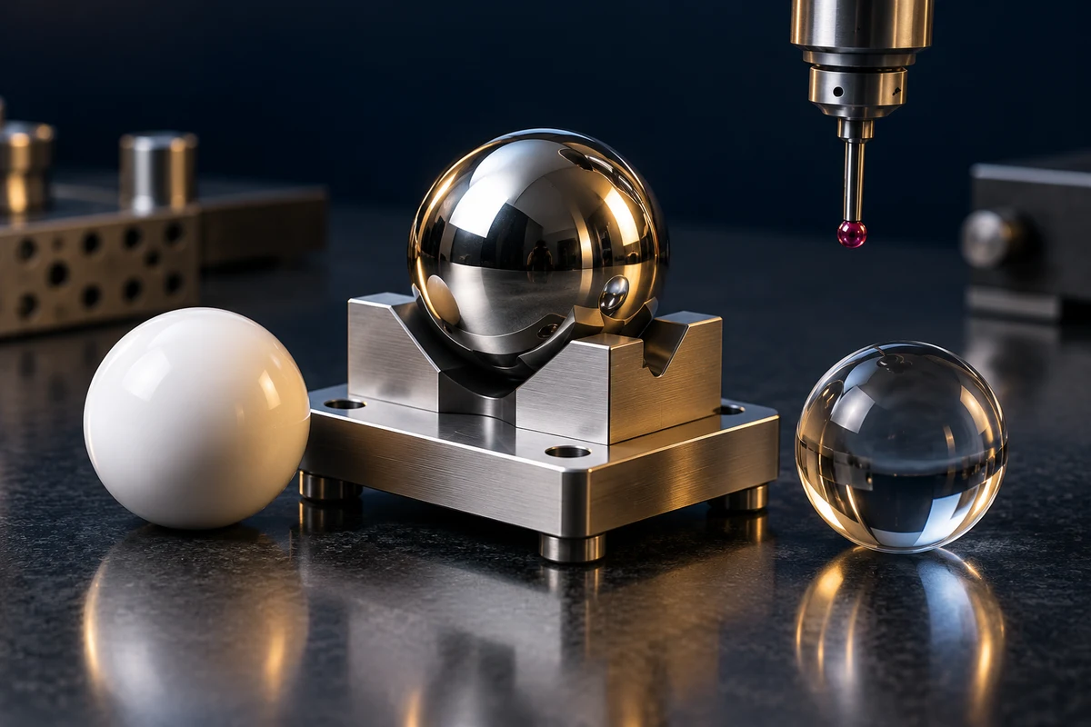 Precision steel, ceramic and glass spheres beside a metrology fixture