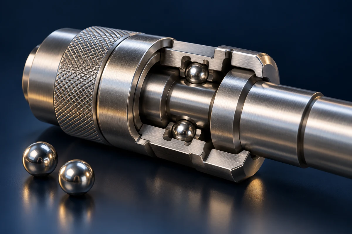 Conceptual quick-release coupling cutaway showing ball detents