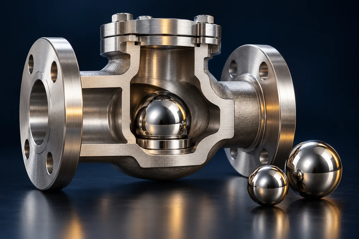 Conceptual check valve cutaway showing a ball at the valve seat