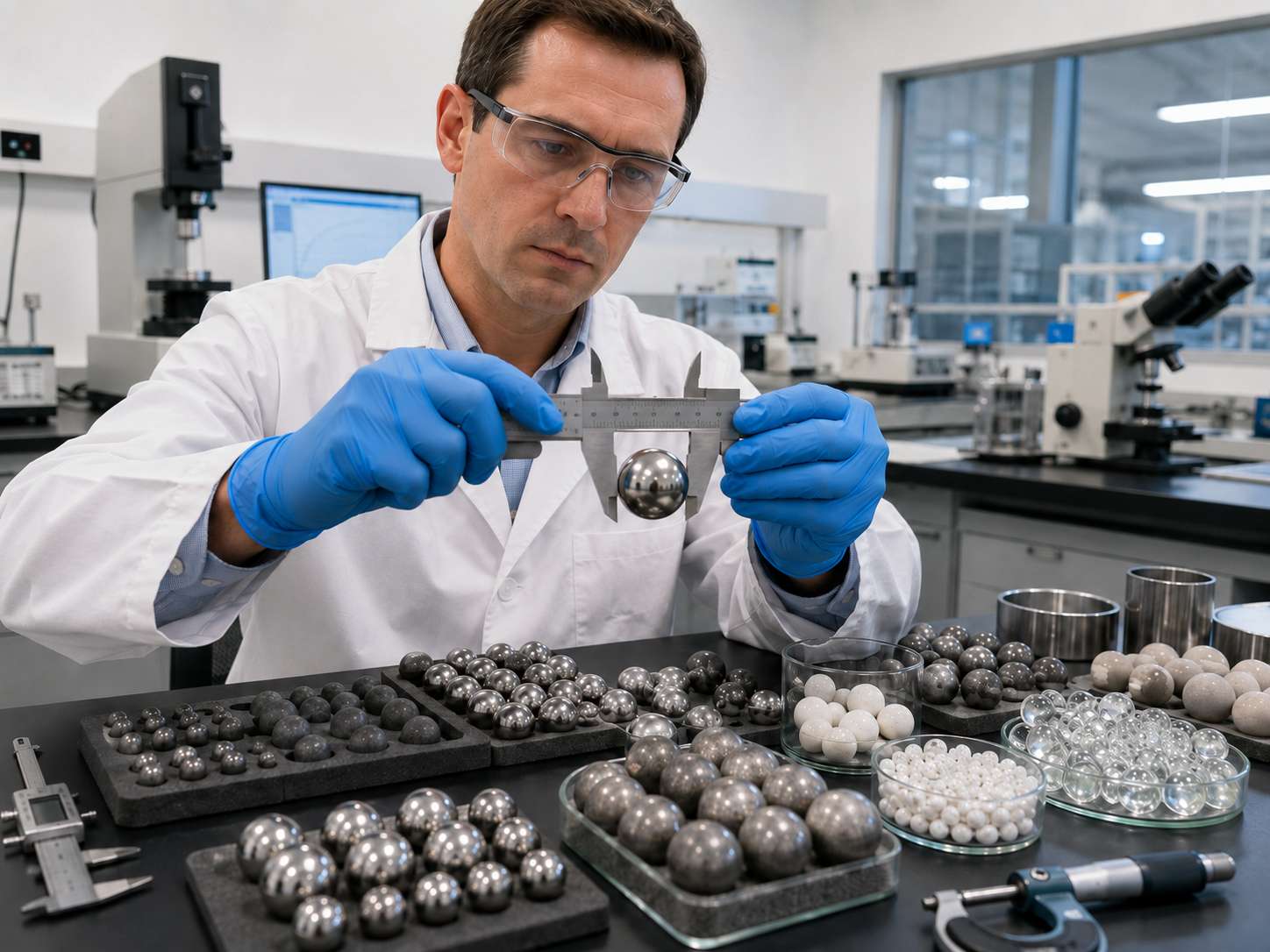 Illustration of precision ball measurement with metal, ceramic and glass balls