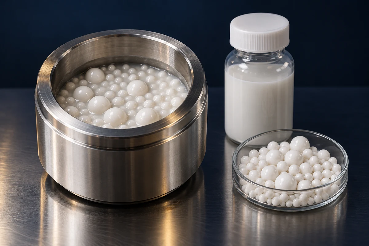 Illustration of ceramic beads in a milling vessel with a liquid dispersion