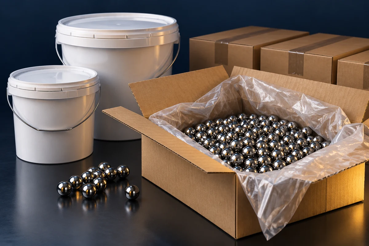 Illustration of supply containers and lined cartons of bagged steel balls