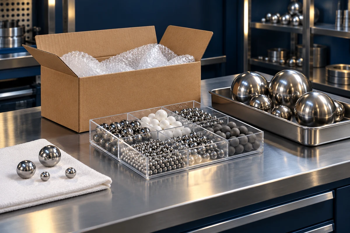 Illustration of ball samples, protective packaging and a shipping carton on a supply workstation