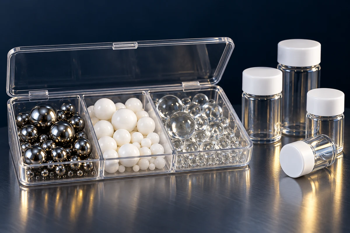 Illustration of a divided sample case containing steel, ceramic and glass balls