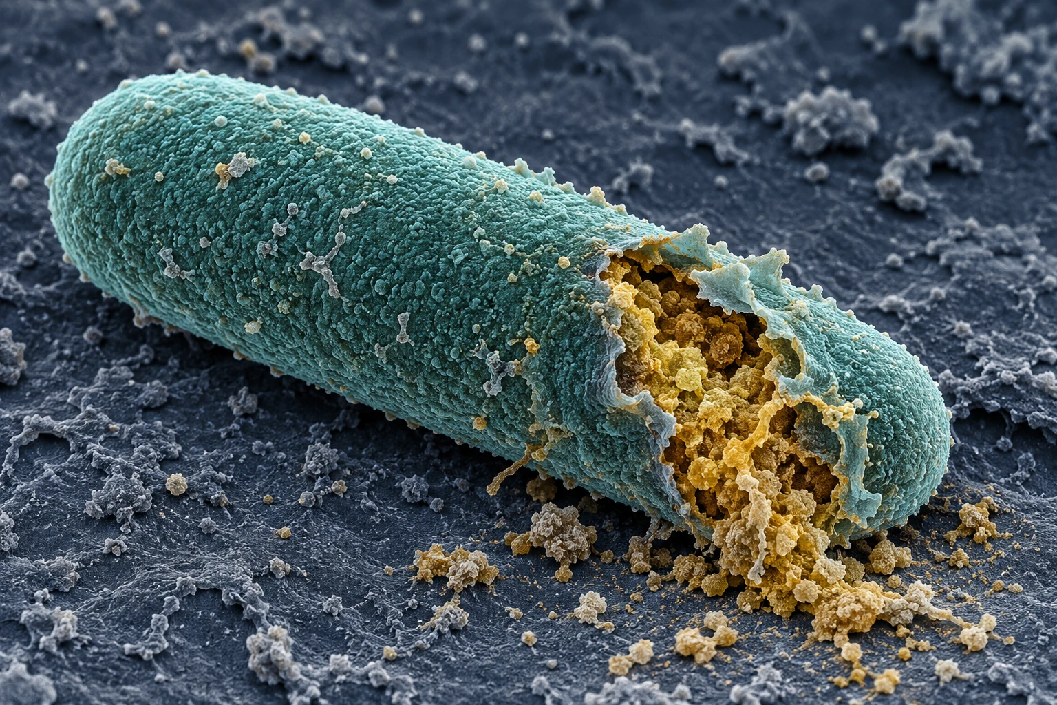 AI-generated colorized microscopy-style illustration of a rod-shaped bacterial cell with a ruptured cell wall and released intracellular material