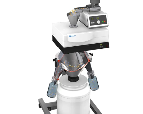 RETSCH PT 200 Rotating Tube Divider for splitting samples into representative portions; on a stand, angled view