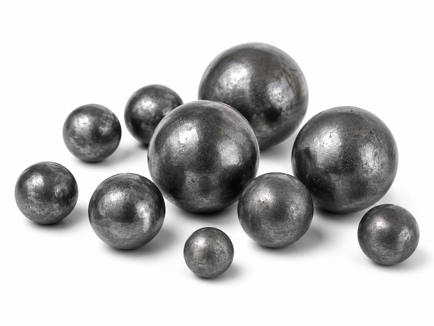 Carbon steel grinding balls in assorted sizes for reducing particle size during milling