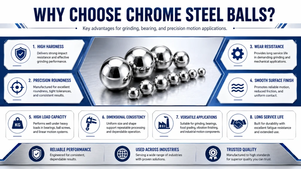 Reference infographic comparing chrome steel ball properties and uses