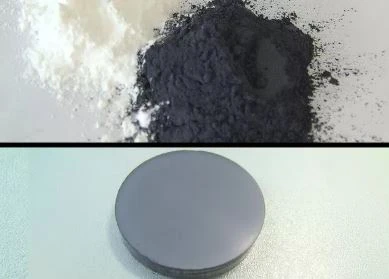 Black and white sample powders beside a pressed pellet for analysis