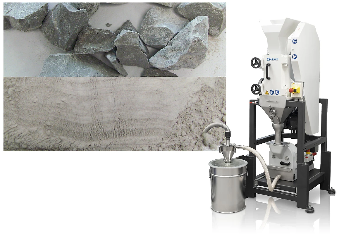 RETSCH BB 250 jaw crusher and DM 200 disc mill with cyclone collection for staged sample size reduction