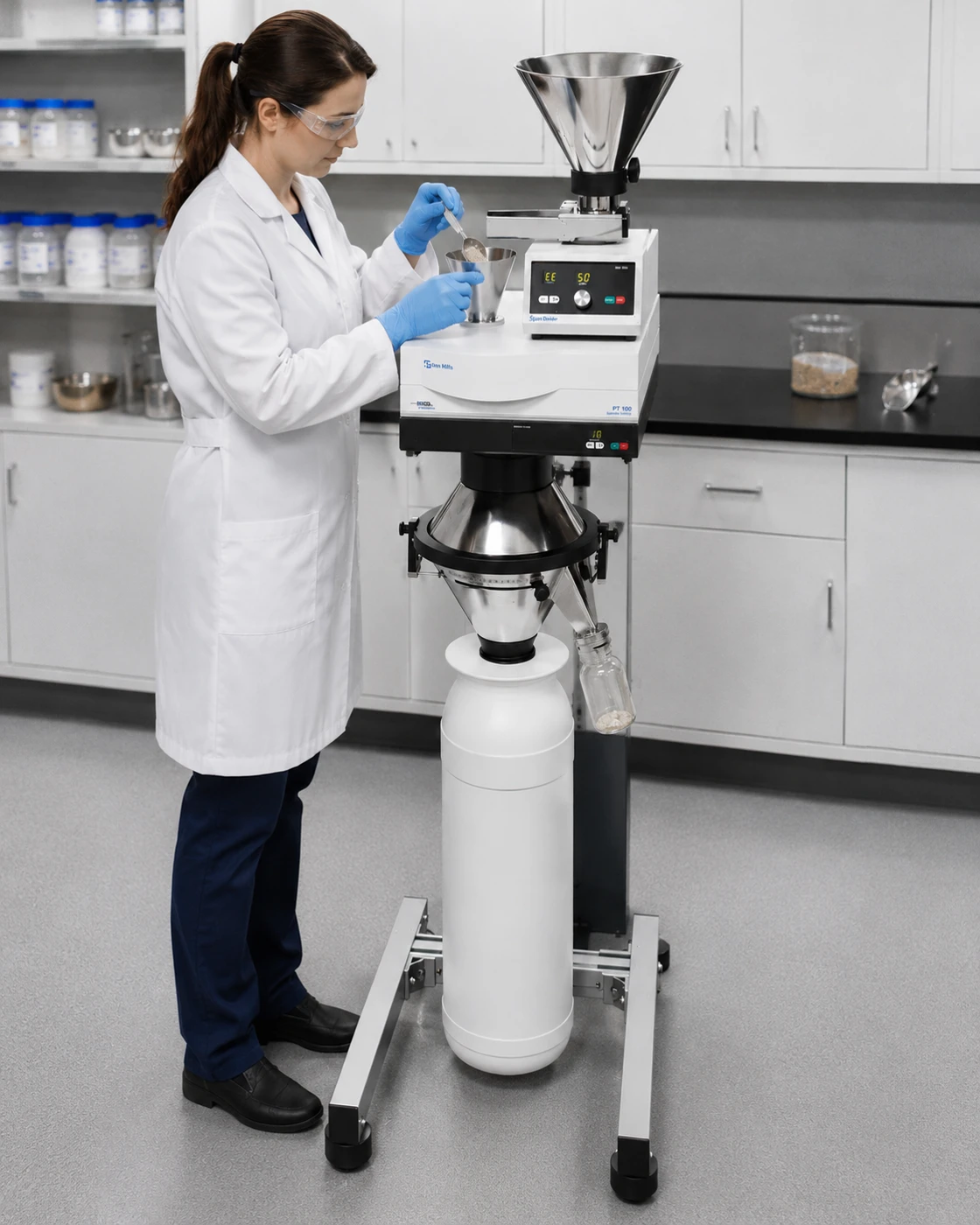 RETSCH PT 200 Rotating Tube Divider for splitting samples into representative portions; scientist using the instrument