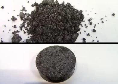 Loose powder beside a pressed sample pellet for analysis