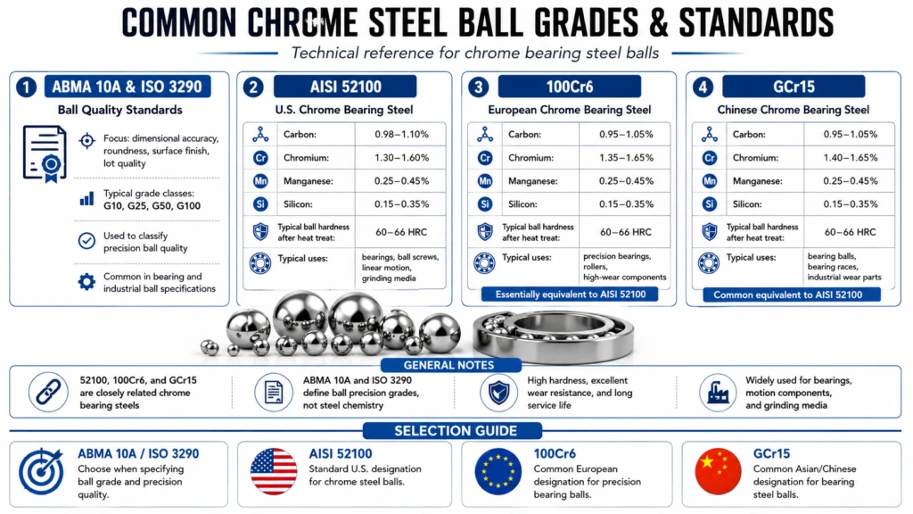 Reference table comparing chrome steel ball grades and standards
