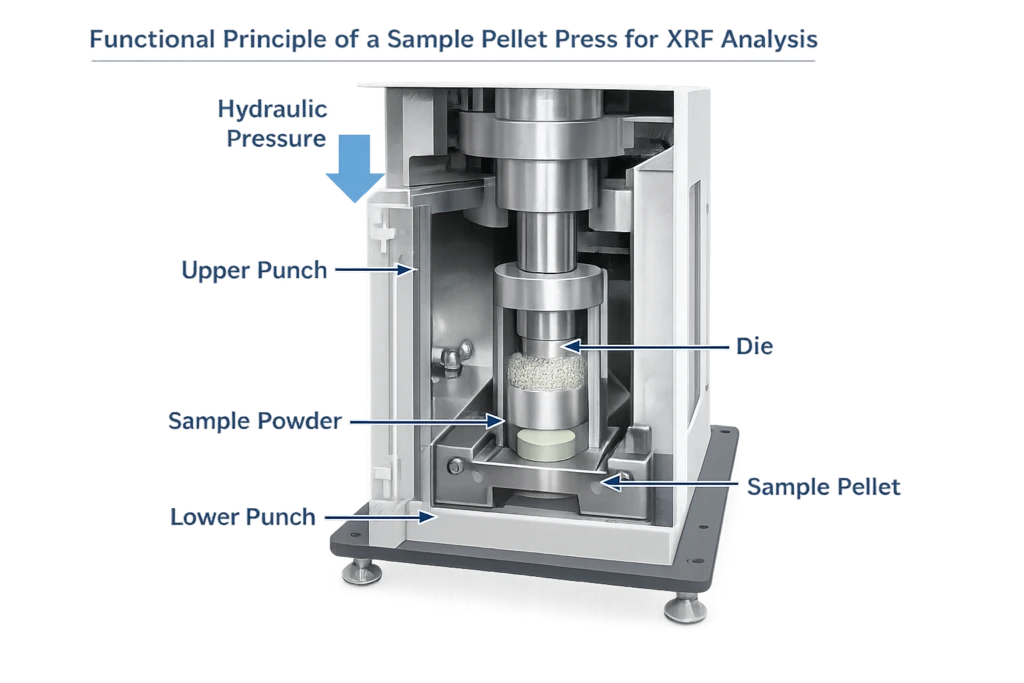 Sample pellet-press diagram showing powder compressed between upper and lower punches
