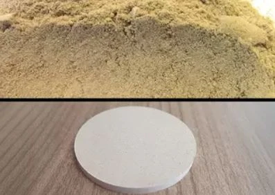 Powder sample beside a pressed pellet prepared for analysis