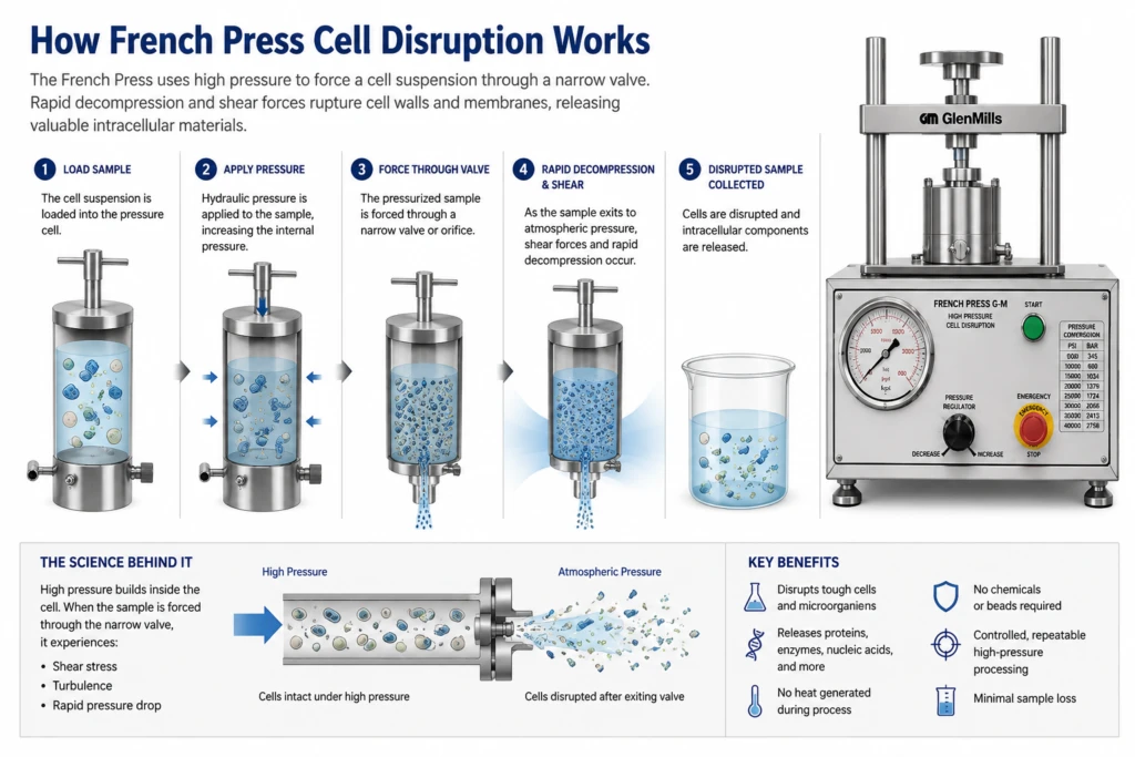 Glen Mills French Press G-M diagram explaining high-pressure cell disruption and sample collection