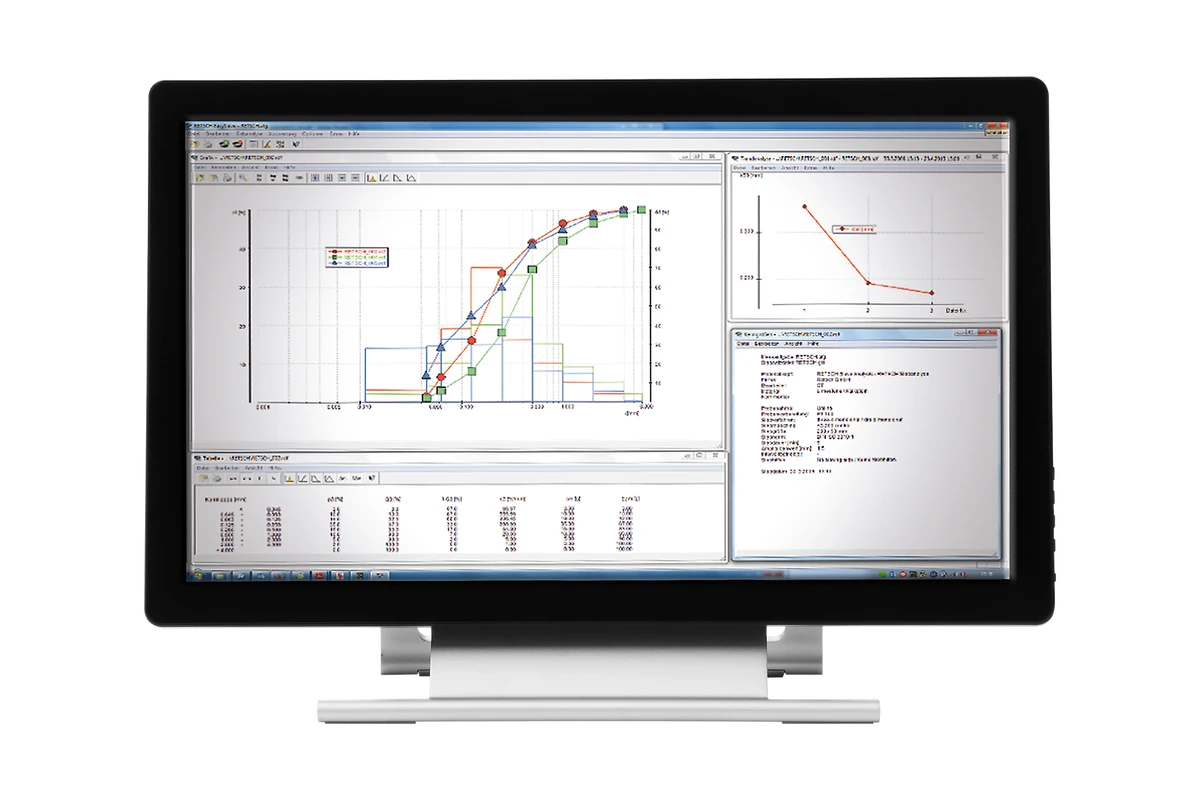 RETSCH EasySieve analysis software displaying particle-size distribution graphs and results
