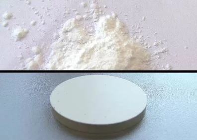 White powder sample beside a pressed pellet prepared for analysis