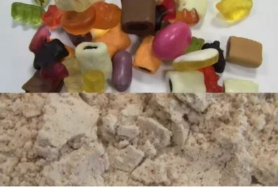 Candy pieces before and after knife milling into a homogenized sample