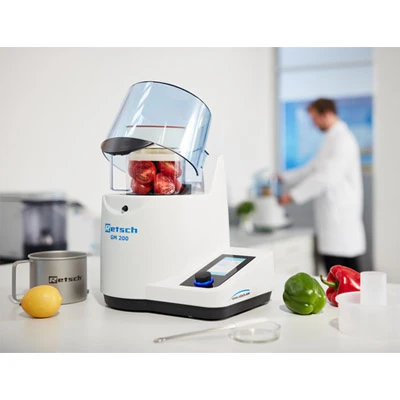RETSCH GM 200 Knife Mill for homogenizing soft and food samples; in a lab with fresh food samples