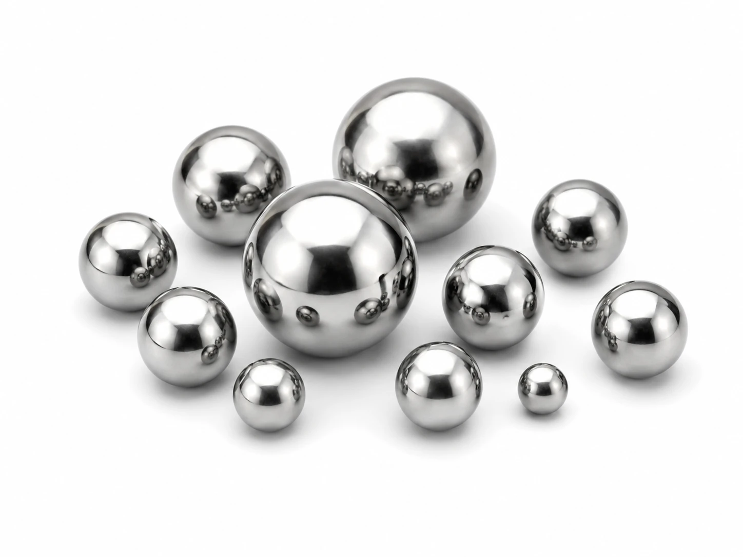 Stainless steel grinding balls in assorted sizes for reducing particle size during milling