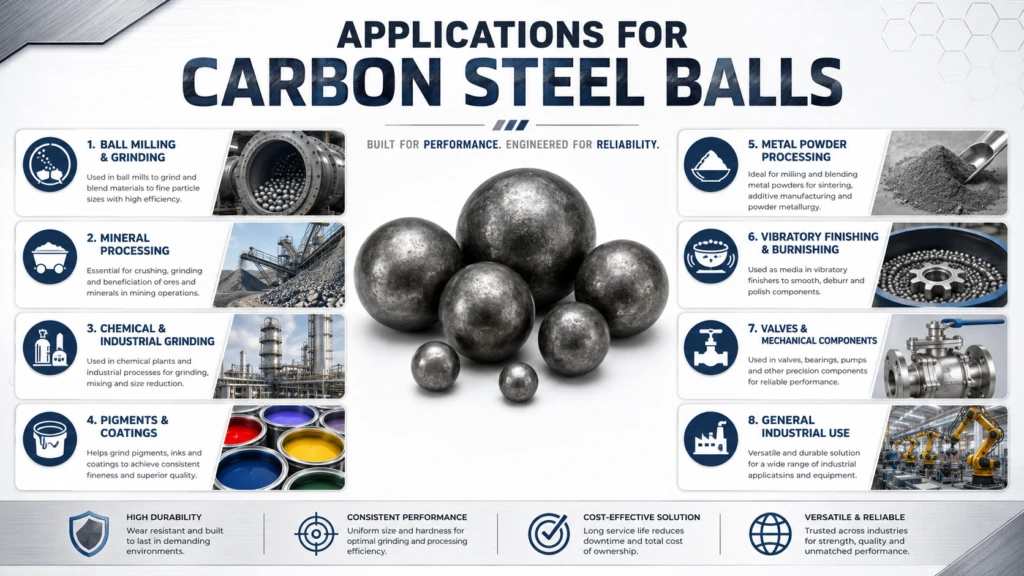 Reference infographic illustrating applications for carbon steel balls
