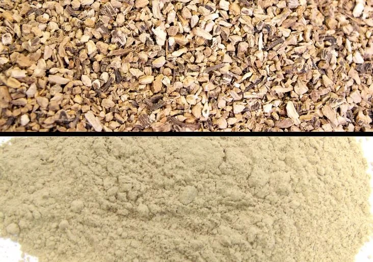 Coarse sample material before and after drum milling into a fine powder