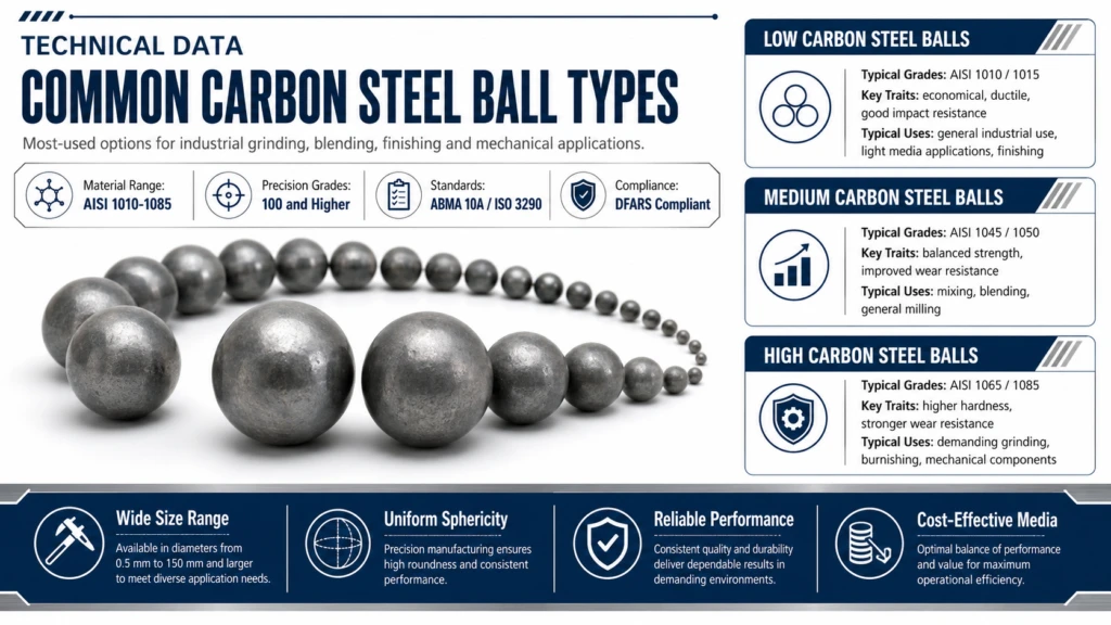 Reference table comparing carbon steel ball types and properties