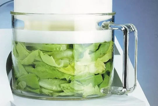 RETSCH GM 200 Knife Mill for homogenizing soft and food samples; grinding container with lettuce, before grinding