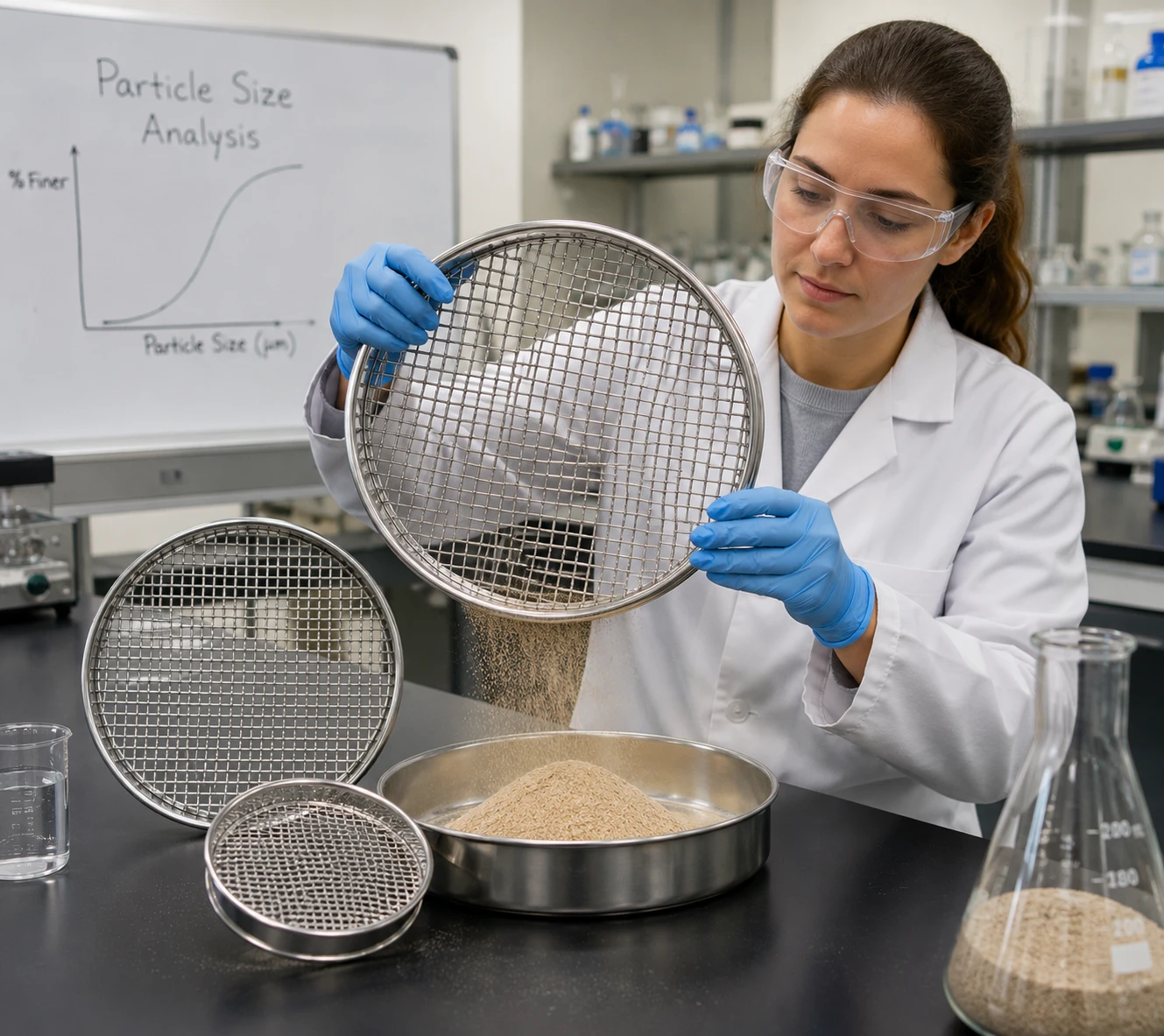 RETSCH woven-wire test sieves for separating laboratory samples into particle-size fractions, shown with an operator