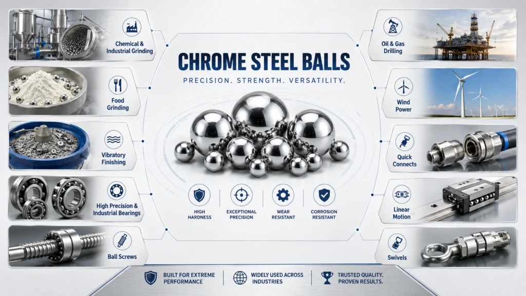 Reference infographic illustrating chrome steel ball applications