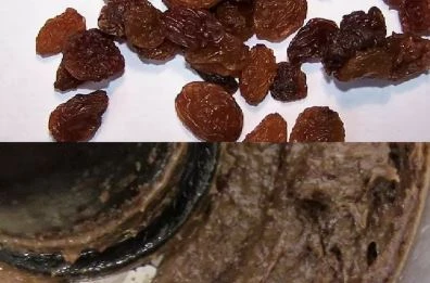 Dried fruit before and after knife milling into a homogenized sample