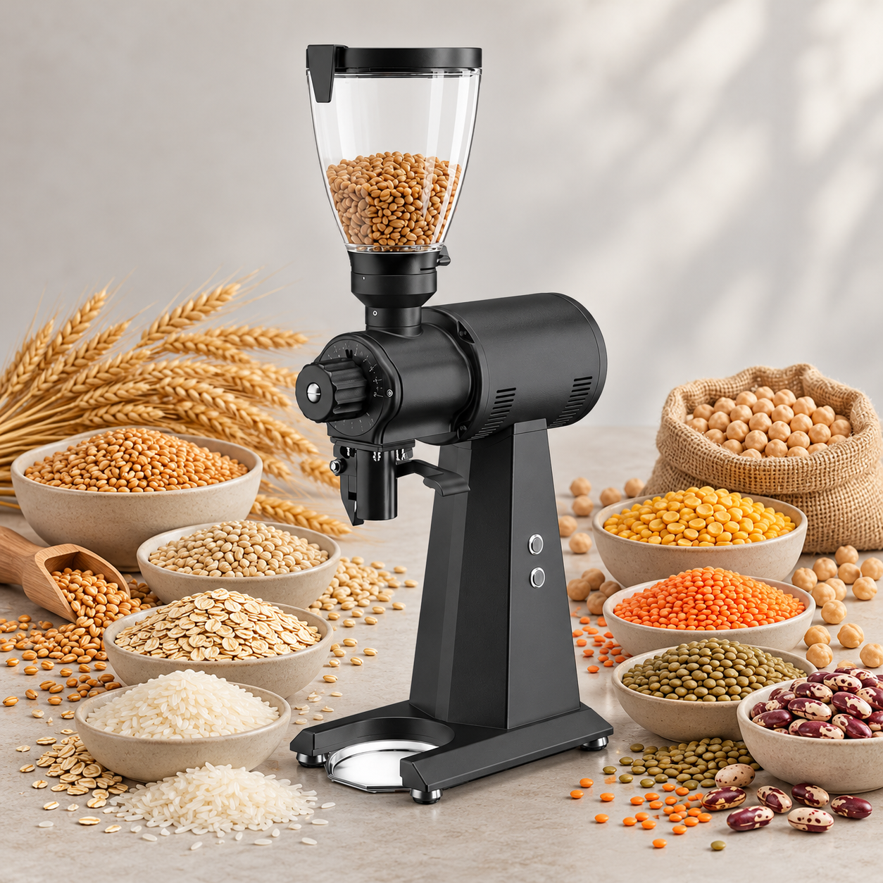 Illustrative collage of the #43 Disc Mill surrounded by dry grains, lentils, peas, chickpeas and beans