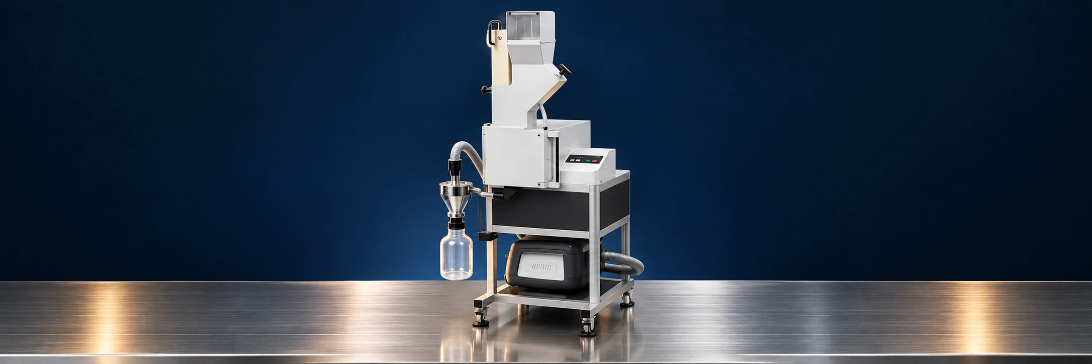 Cutting mill on a stainless steel surface against a navy background