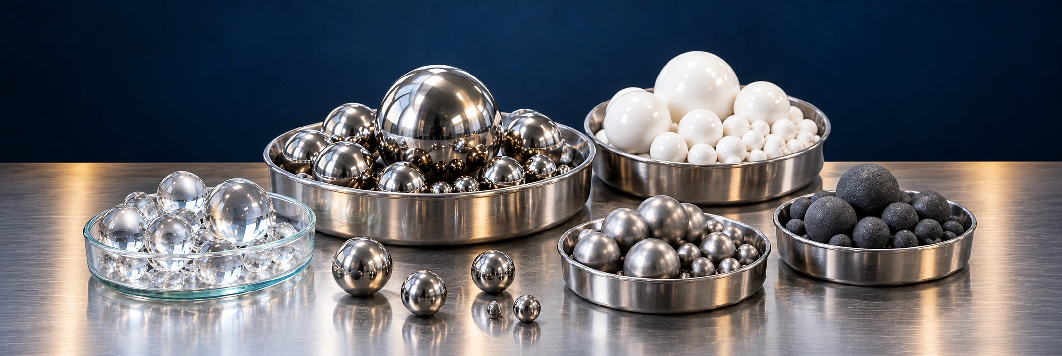 Steel, ceramic and glass balls in stainless steel dishes against a navy background