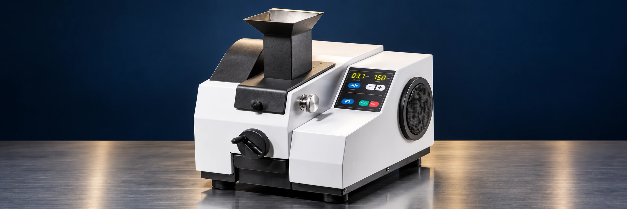 Jaw crush equipment example on a stainless steel surface against a navy background