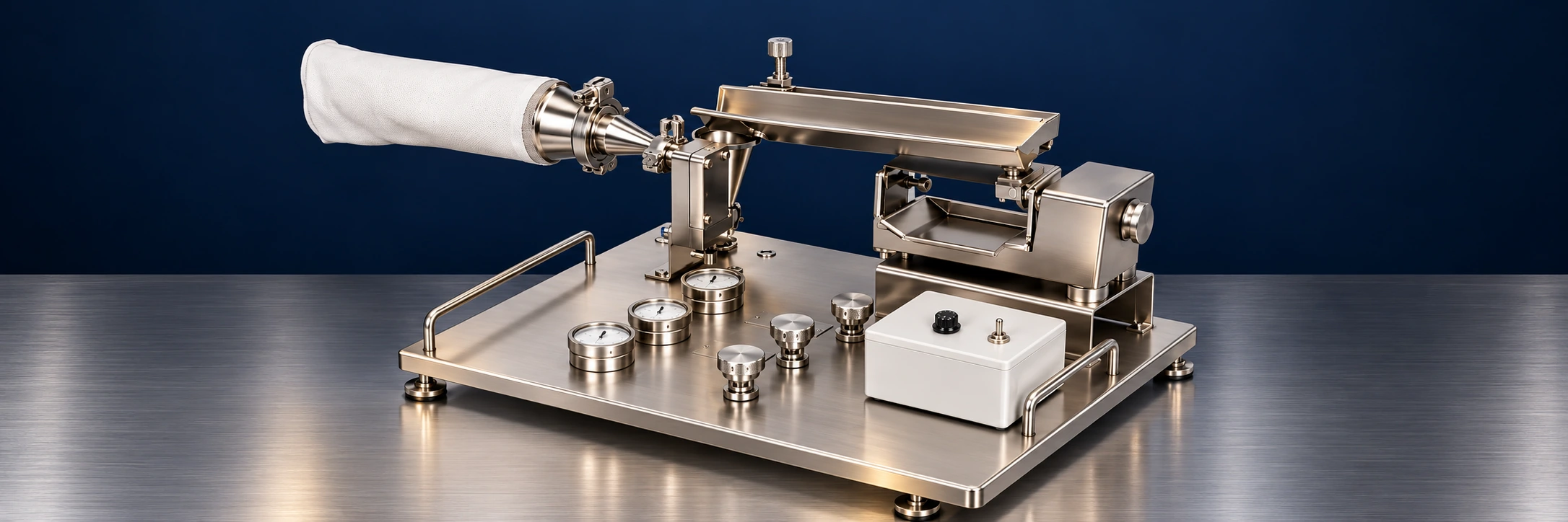 Jet mill equipment example on a stainless steel surface against a navy background