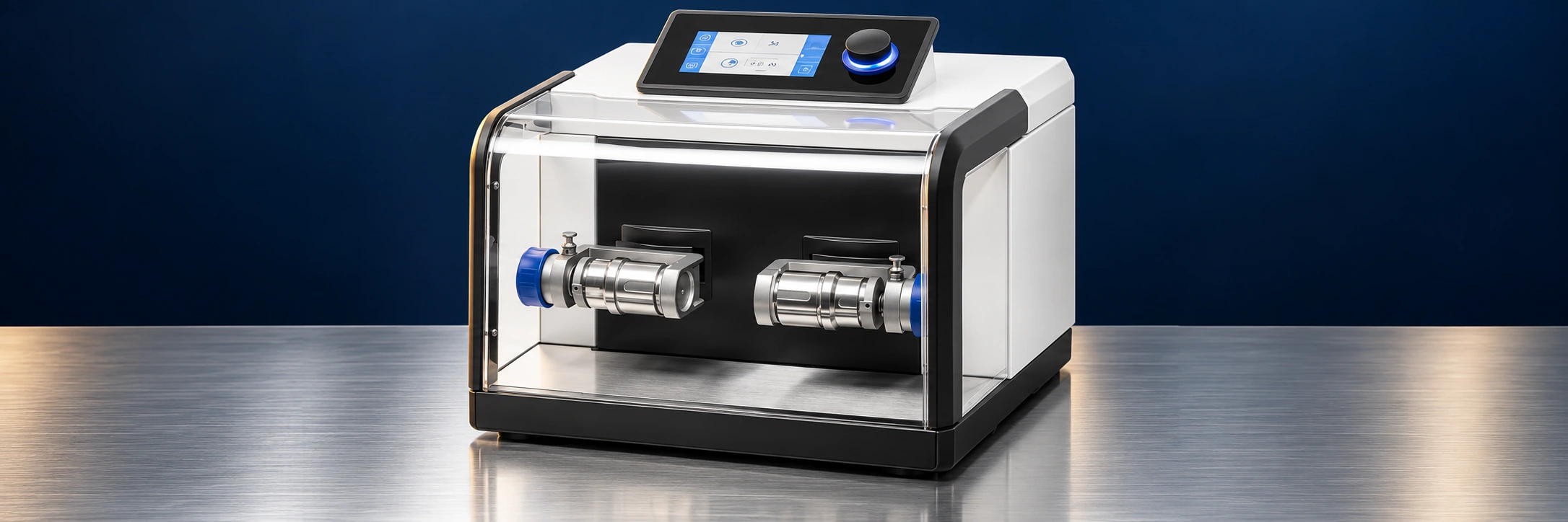 Laboratory mixer mill on a stainless steel bench against a navy background