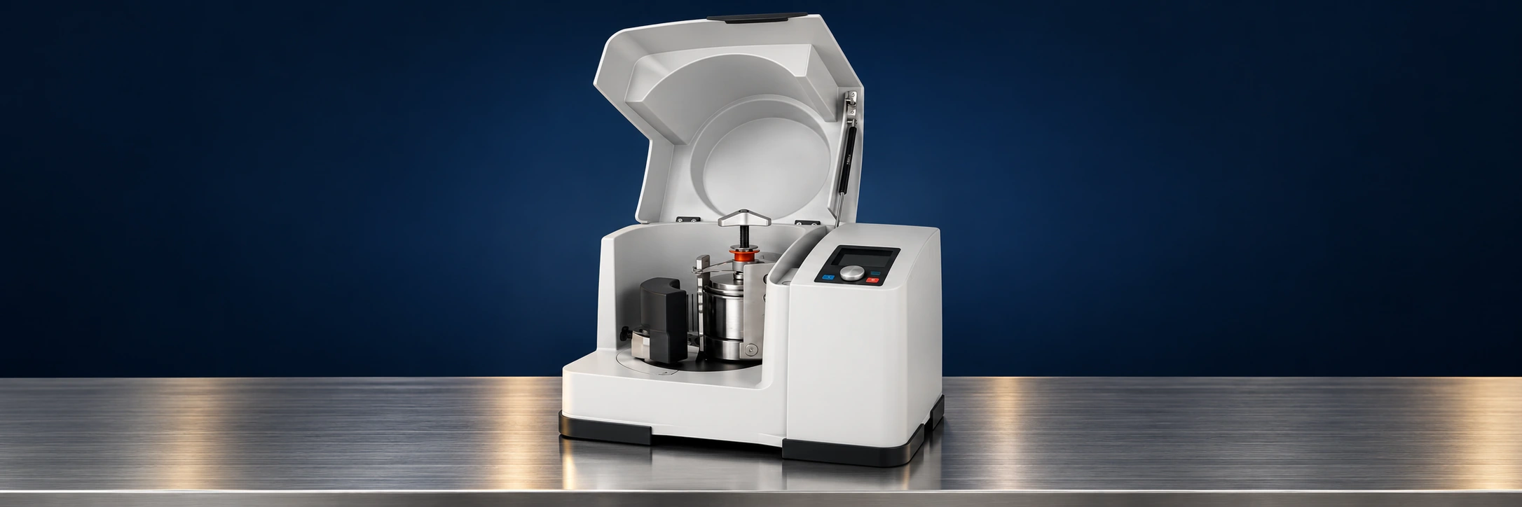 Planetary ball mill on a stainless steel bench against a navy background